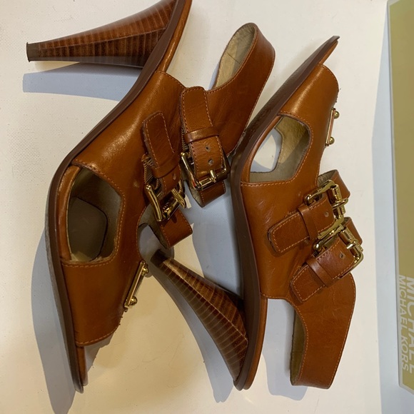 Michael Kors Brown Shoes Heel Buckle Open Toe - Picture 3 of 16